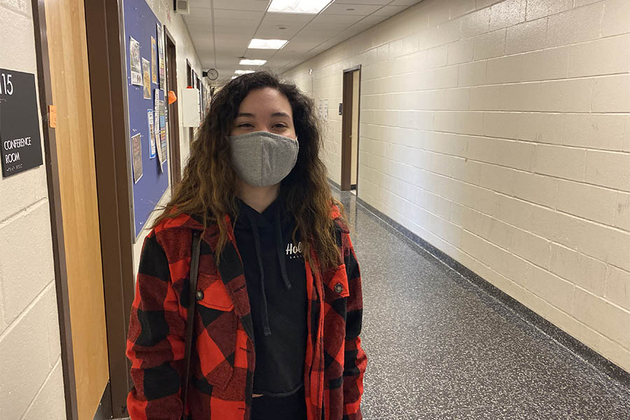 Victoria Mienert, 19, of Selden waits outside her sociology class on Feb. 24, 2022. Mienert is a speech pathologist major and hopes to transfer to LIU Post in the fall.