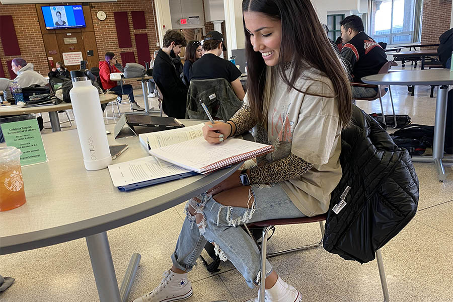 Jadalynn Morales, 18, of Bellport, does her homework at the Babylon Student Center on March 2, 2022. Morales is a freshman at SCCC and is majoring in Biology. 