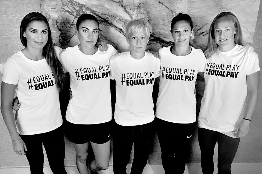 Members of the U.S. Womens National Team promoting their wage fight efforts in 2019. 