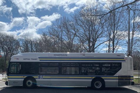 A bus leaves the Ammerman campus in Selden, New York on Monday, April 4, 2022. Under the proposed redesign of Suffolk County’s transit network, the total number of bus routes in Suffolk County will be cut from 43 to 21. 
