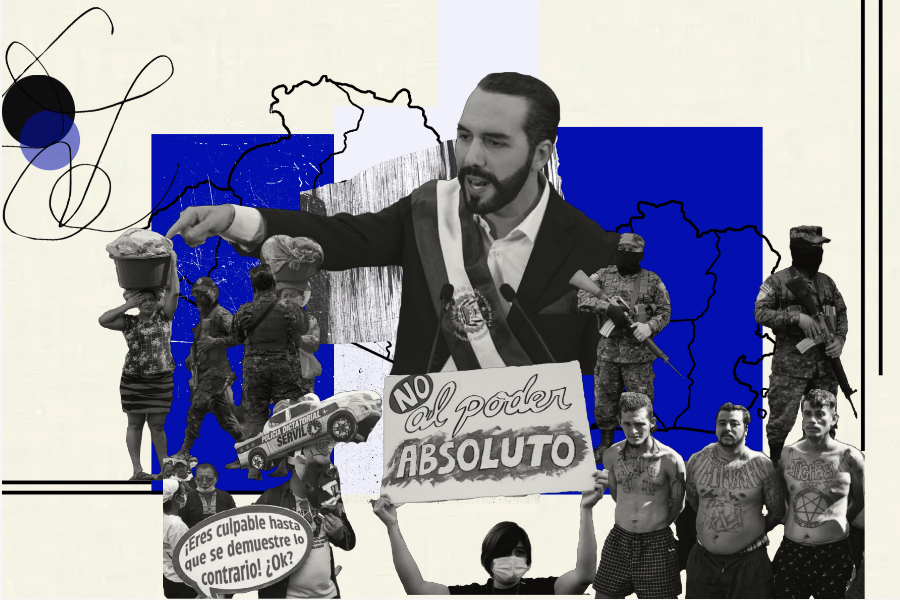 A digital collage portraying the current crackdown in El Salvador. President Nayib Bukele ordered a state of exception on March 27, a day after a high death toll at the hands of gangs.  