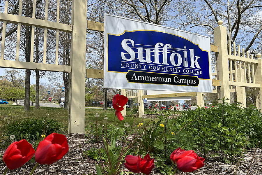 The Suffolk sign on the Ammerman Campus on Thursday, May 5.