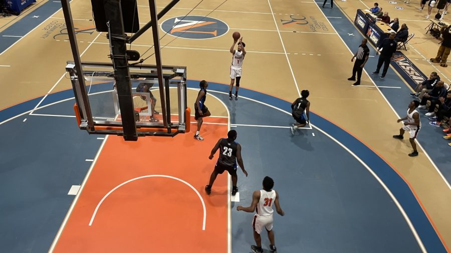Nassau point guard number 1 Timothy Waite is shooting a mid-range shot during the game in the Main Gym at NCC, on Feb. 2, 2023. Waite helped the Lions win with him scoring 20 points during the game. (Joseph Richuitti/Compass News)