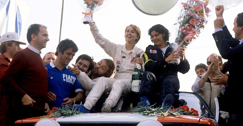 Michéle Mouton and Fabrizia Ponz received flowers and praise after winning Rally San Remo on October 10, 1981, San Remo, Italy.