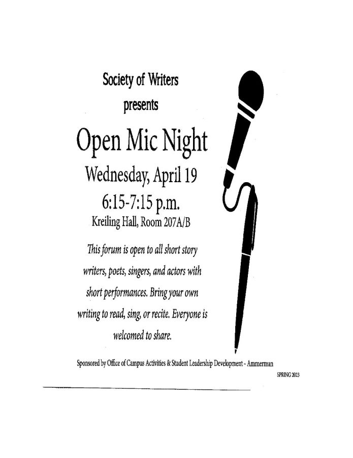 Society of Writers Presents Open Mic Night Wednesday April 19th