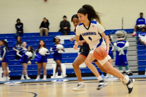 Suffolk guard Alexandra Madrigal drives down the court against the Nassau Lions on Thursday, Feb. 1, 2024. She scored 10 points in the loss. (Compass News/Jay Kass)