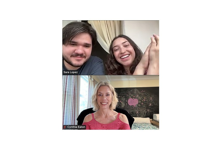 Sara Lopez Garcia and her fiancé Santiago speak to Suffolk English professor Cynthia Eaton during a Zoom call in August. Lopez decided to self-deport to her home country of Colombia.
