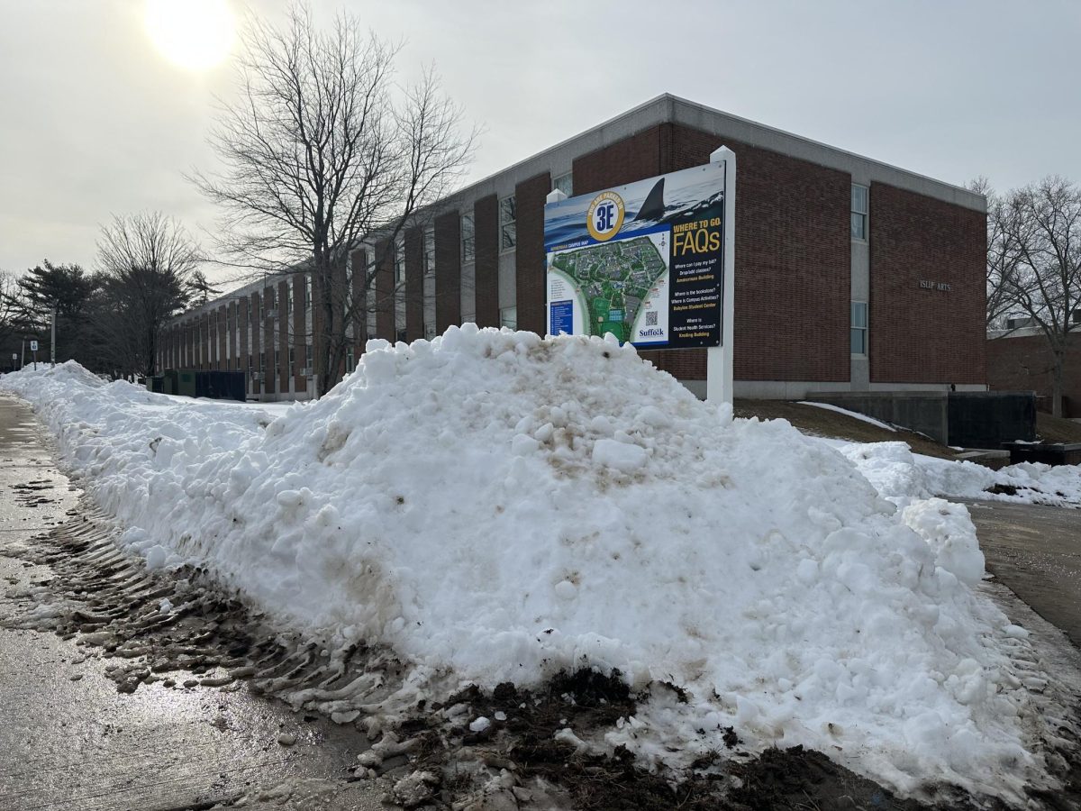 Plowed snow piles in front of the campus map by the Islip Arts Building on Feb. 26, 2026.