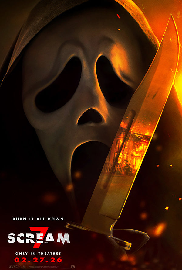 A promotional poster for the horror film "Scream 7" featuring a close-up of the character Ghostface against a fiery background holding a knife.