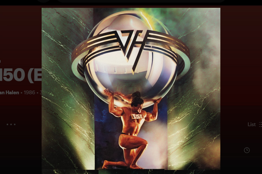 The iconic Van Halen '5150' cover art features bodybuilder Rick Valente modeling as Atlas, kneeling while hoisting a giant metal sphere.